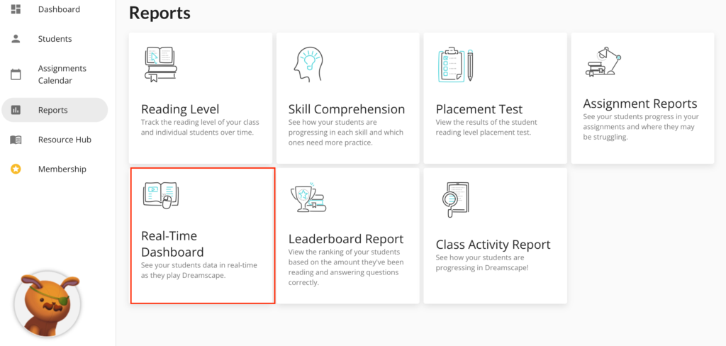 Snapshot of the Educator dashboard with "real-time dashboard" report highlighted