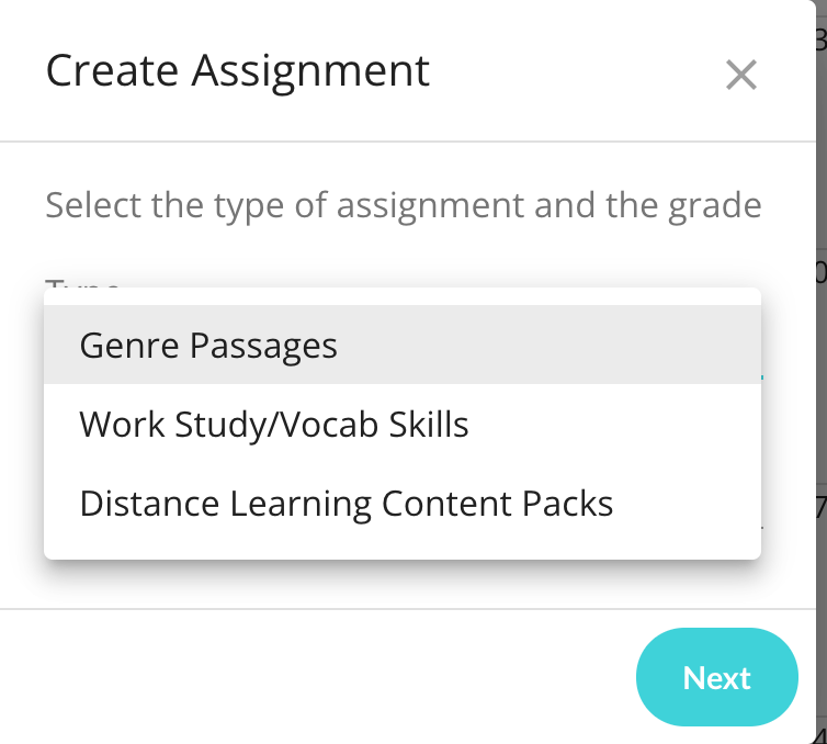Dropdown menu of assignment types offered